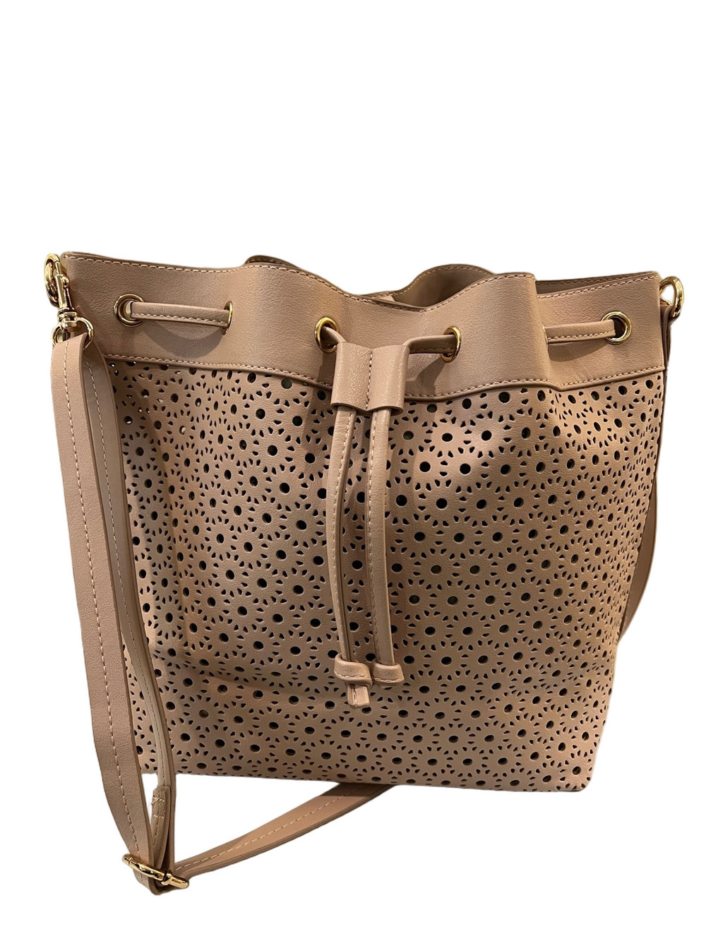 H&M Blush Perforated Laser Cut Drawstring Shoulder Bag Vegan Leather EUC